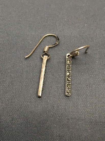 Milgrain Marcasite Detailed 15mm Long 2mm Wide Pair of Sterling Silver Shepard's Hook Earrings