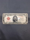 1928-C United States Lincoln $5 Red Seal Bill Currency Note from Estate