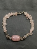 Tumbled & High Polished Rose Quartz Beaded 14mm Wide 7in Long Bracelet w/ Sterling Silver Spacers