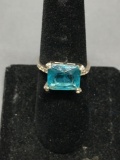 Horizontal Set Rectangular Radiant Faceted 11x9mm Blue Topaz Center w/ Round CZ Accents Sterling