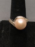 Round 12mm Faux Rose Pearl Center w/ Round CZ Accents Bypass Sterling Silver Ring Band