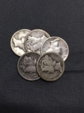 5 Count Lot of United States Mercury Silver Dimes - 90% Silver Coins from Estate