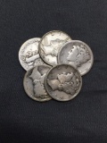 5 Count Lot of United States Mercury Silver Dimes - 90% Silver Coins from Estate