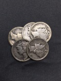 5 Count Lot of United States Mercury Silver Dimes - 90% Silver Coins from Estate