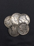 5 Count Lot of United States Mercury Silver Dimes - 90% Silver Coins from Estate