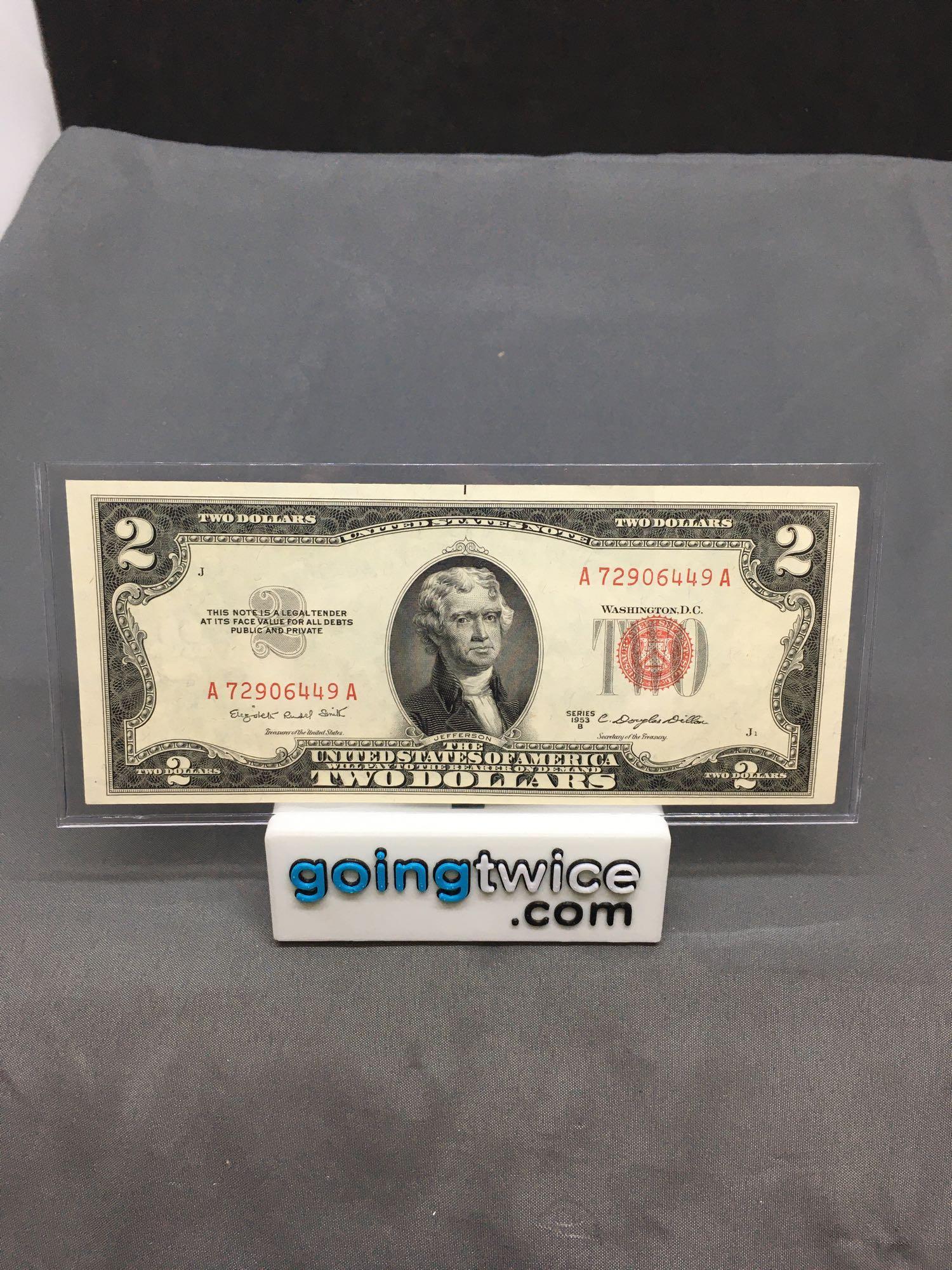 Two Rare Red Seal $2 Jefferson Dollar Bills – 1953 & 1963 – Old Estate Money