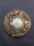 Asian Style Hand-Carved Dragon Motif Round 3.5in Diameter Green Jade Pendant