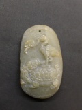 Asian Style Hand-Carved Pelican & Tortoise Themed Oval 50mm Tall 30mm Wide Green Jade Pendant