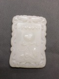 Asian Style Hand-Carved Flower Blossom Themed Rectangular 60mm Tall 40mm Wide White Jade Pendant