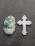 Lot of Two Asian Style Hand-Carved Jade Pendants, One Oval Dragon Themed & One Cross