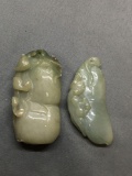 Lot of Two Asian Style Hand-Carved Panther Themed Green Jade Pendants