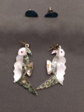 Lot of Two Abalone Inlaid Pairs of Fashion Earrings, One Parrot Design w/ Mother of Pearl Accents &