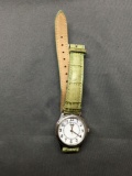 Timex Designer Round 27mm Bezel Stainless Steel Watch w/ Green Leather Strap
