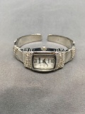 Kessaris Designer Rectangular 18x15mm Rhinestone Studded Face Stainless Steel Watch w/ Cuff Bracelet