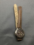 Milan Designer Round 24mm Bezel w/ Date Stainless Steel Watch w/ Brown Leather Strap