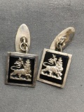 Square Onyx Inlaid Center King of Lions Themed Pair of Signed Designer Cufflinks