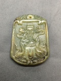 Asian Style Hand-Carved Chinese Prophet Motif Rectangular 50x38mm Green Jade Pendant