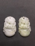 Lot of Two Matched Asian Style Hand-Carved Chinese Zodiac Year of the Rabbit Motif Oval 35mm Tall