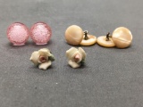 Lot of Three Fashion Jewelry Items, One Pair of Flower Blossom Studs, One Round Resin Pink Bubble