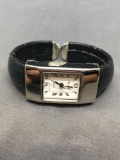 Osirock Designer Rectangular 18x15mm Face Stainless Steel Watch w/ Black Leather Cuff Bracelet