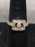Milgrain Framed Shared Prong Set Round Faceted CZ Accented Vintage Style Sterling Silver Ring Band
