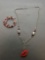 Lot of Two Colorful Beaded Fashion Jewelry, One Coil Bracelet & One 28in Long Necklace w/ Hot Lips