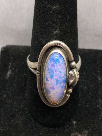 Mexican Made Signed Designer Sterling Silver Ring Band w/ Oval 22x8mm Foil Resin Cabochon Center