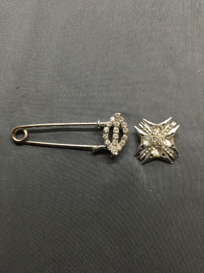 Lot of Two Silver-Tone Rhinestone Accented Vintage Brooches