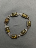 Seven Rectangular Amber Gemstone Cabochon Featured 7in Long Sterling Silver Bracelet - Broken Clasp