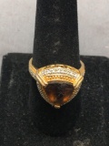 Trillion Faceted 10mm Smokey Topaz Center w/ Round Diamond Accented Halo Two-Tone Ring Band