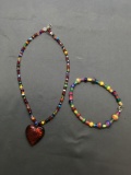 Lot of Two Colorful Beaded Fashion Jewelry, One 16in Long Necklace w/ Heart Pendant & One 8in Lon