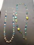 Lot of Two Colorful Blue & Green Beaded Fashion Necklaces, One 36in Long & One 38in Long