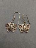 Milgrain Detailed Filigree Decorated Pair of Sterling Silver Butterfly Dangle Earrings