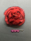 Lot of Two Flower Themed Fashion Items, One Cloth Flower Bud Brooch & One Rhinestone Accented