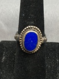 Bead Ball Detail Framed Oval 12x8mm Lapis Inlay Center Sterling Silver Ring Band