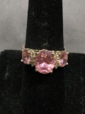 Oval Faceted 10x8mm Pink Topaz w/ Twin 7x5mm Pink Topaz Sides Sterling Silver Three Stone Ring Band