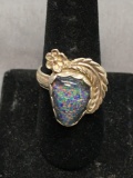 Floral Engraving Decorated Sterling Silver Ring Band w/ Oval Opal Triplet Cabochon Center