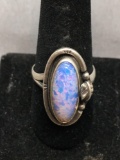 Mexican Made Signed Designer Sterling Silver Ring Band w/ Oval 22x8mm Foil Resin Cabochon Center