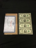 Uncut Sheet of 4 2003 United States $2 Jefferson Bill Currency Notes in Collectible Folder