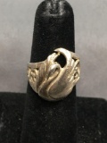 Filigree Detailed Swan Motif 17mm Wide Tapered Sterling Silver Signed Designer Ring Band