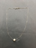 Box Link 0.75mm Wide 19in Long Italian Made Sterling Silver Chain w/ Round 8mm Pearl Pendant