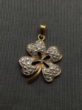 Two-Tone Four Leaf Clover Themed Sterling Silver 16mm Diameter Pendant w/ Round Diamond Center