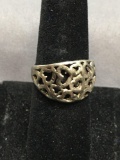 Heart Filigree Detailed 13mm Wide Tapered Sterling Silver Ring Band