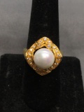 Round White 10mm Faux Pearl Center w/ Round CZ Accented Halo Gold-Tone High Polished Sterling Silver