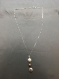 Three Tier Round Hammer Finished 2.5in Long Drop Disc Pendant w/ Round Pearl Center & 24in Long Box