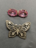 Lot of Two Silver-Tone Fashion Brooches, One Avon Designer Butterfly & One Twin Oval Faceted Pink