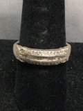 Channel Set Baguette Faceted Diamond Center w/ Round Faceted Diamond Sides Sterling Silver Ring Band