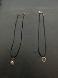 Lot of Two Rhinestone Accented 18in Long Leather Cord Fashion Jewelry, One Heart Pendant & One Sun