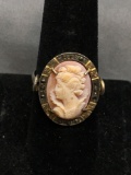 Oval 16x11mm Carved Lady Cameo Center Marcasite Accented Gold-Tone Sterling Silver Ring Band