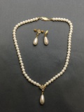 Lot of Two Matched Set Gold-Tone Faux Pearl Featured Jewelry, One 16in Long Necklace & Pair of